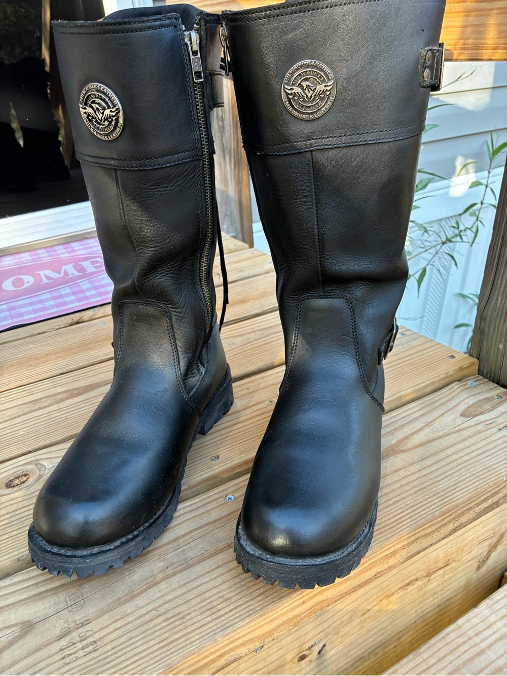 Black Women's Combat Moto Boots with Side Zipper Lace up back